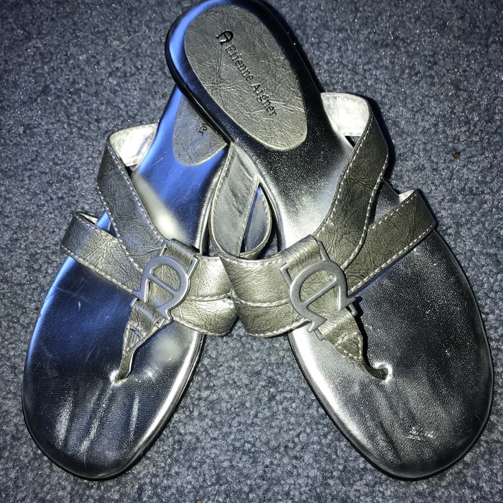 Metallic Silver Flat Sandals-Etienne Aigner 8.5M